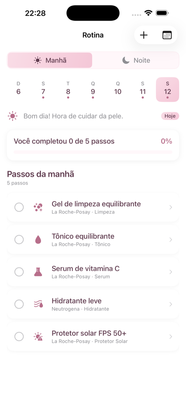Tela da rotina de manhã e noite do Glowy+
